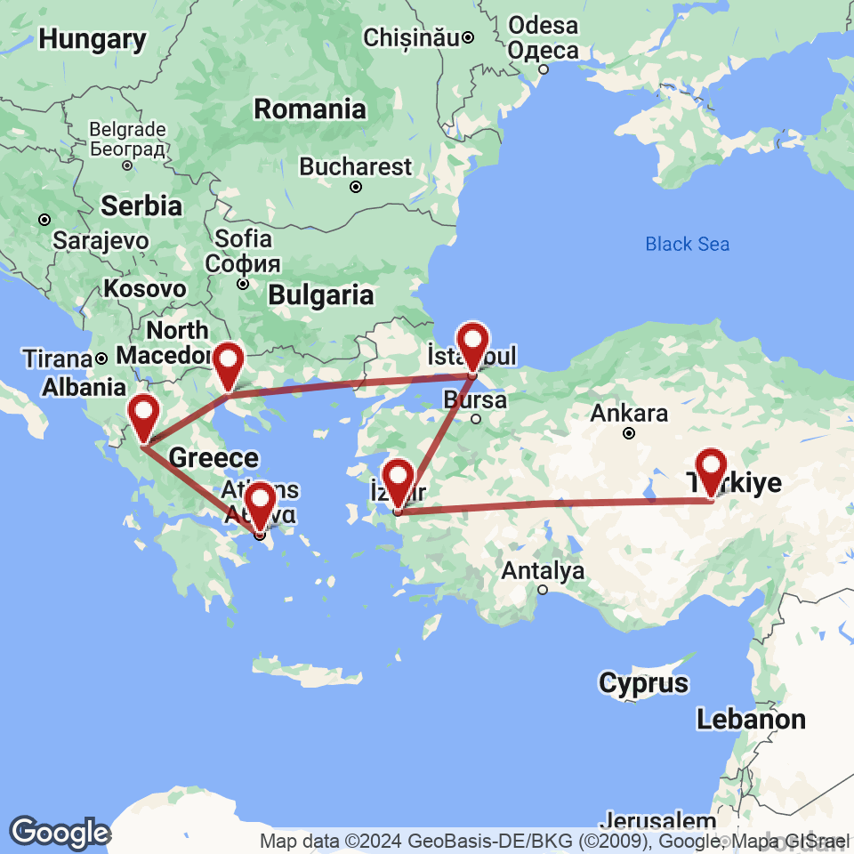 Route for Athens, Ioannina, Thessaloniki, Istanbul, Izmir, Cappadocia tour